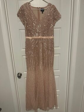 Adrianna Papell Blush Sequin V-Neck Maxi Gown